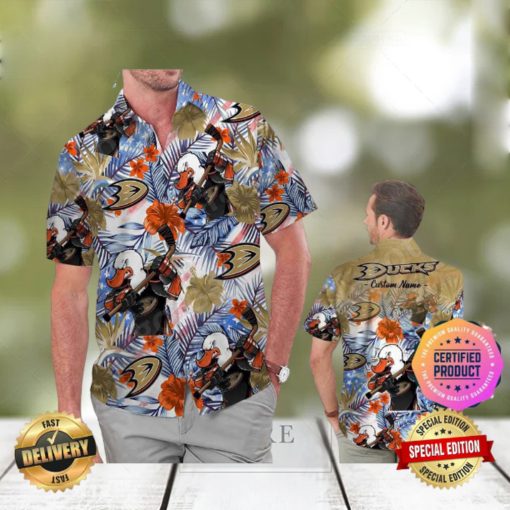 Anaheim Ducks America Flag Tropical Floral Aloha Hawaiian Shirt, Beach Shorts Custom Name For Men Women