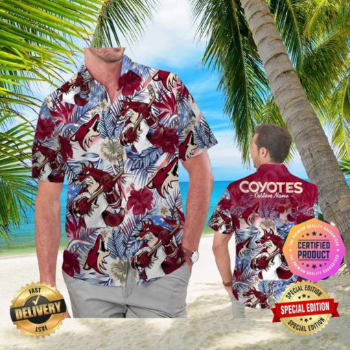 Arizona Coyotes America Flag Tropical Floral Aloha Hawaiian Shirt, Beach Shorts Custom Name For Men Women