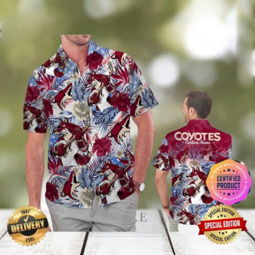 Arizona Coyotes America Flag Tropical Floral Aloha Hawaiian Shirt, Beach Shorts Custom Name For Men Women