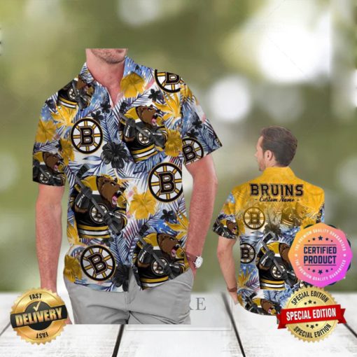 Boston Bruins America Flag Tropical Floral Aloha Hawaiian Shirt Beach Shorts Custom Name For Men Women