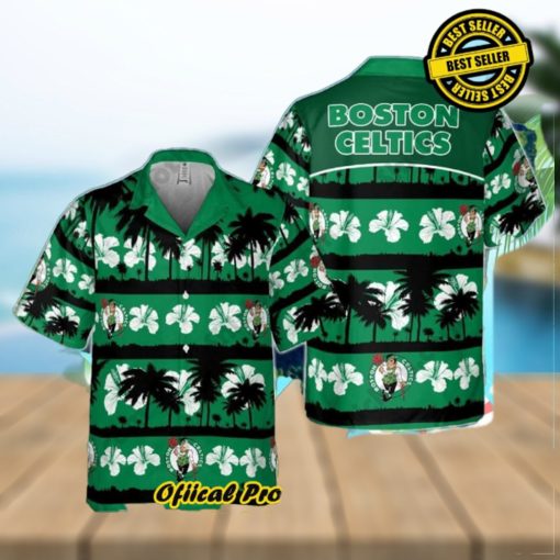 Boston Celtics White Hibiscus Flower On Green Background Print Hawaiian Shirt