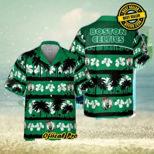 Boston Celtics White Hibiscus Flower On Green Background Print Hawaiian Shirt