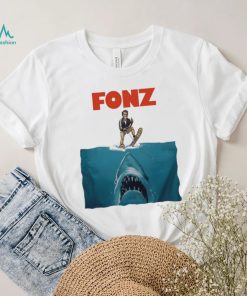 Fonz surfing sharks below shirt