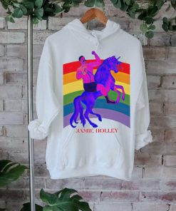 Jamie Holley riding horse rainbow pride shirt