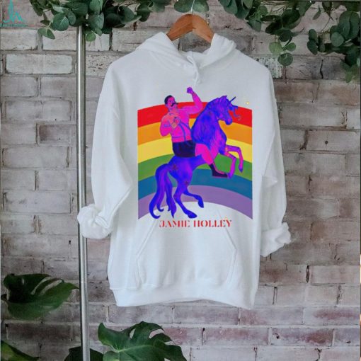 Jamie Holley riding horse rainbow pride shirt