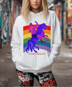 Jamie Holley riding horse rainbow pride shirt