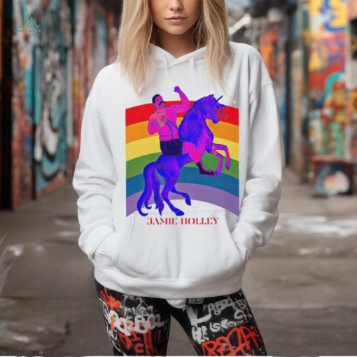 Jamie Holley riding horse rainbow pride shirt