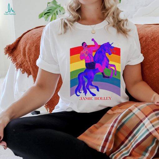 Jamie Holley riding horse rainbow pride shirt