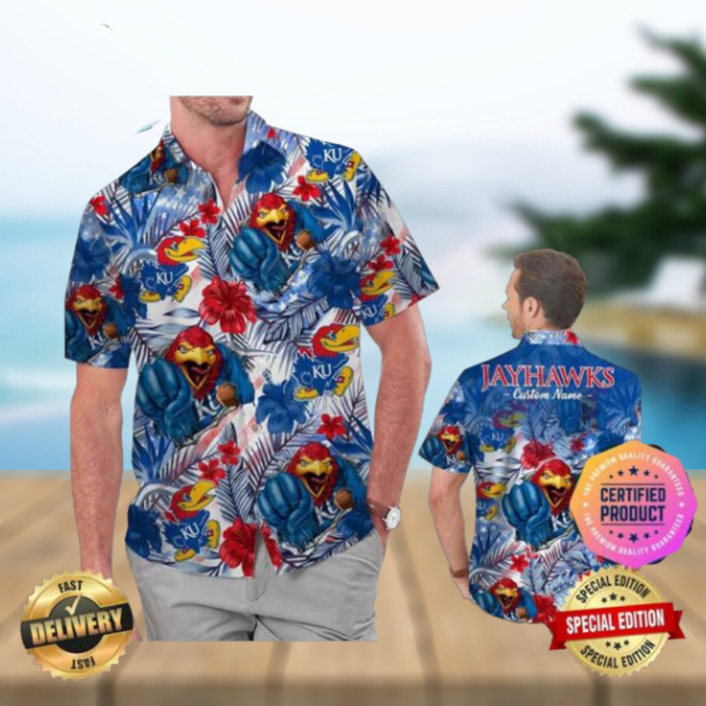Kansas Jayhawks America Flag Tropical Floral Aloha Hawaiian Shirt Beach Shorts Custom Name For Men Women Kansas Jayhawks America Flag Tropical Floral Aloha Hawaiian Shirt Beach Shorts Custom Name For Men Women