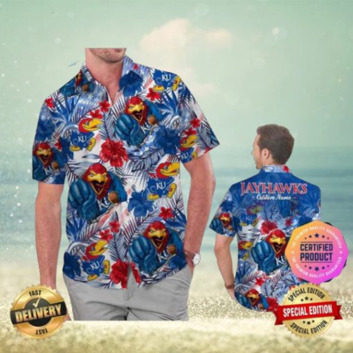 Kansas Jayhawks America Flag Tropical Floral Aloha Hawaiian Shirt Beach Shorts Custom Name For Men Women