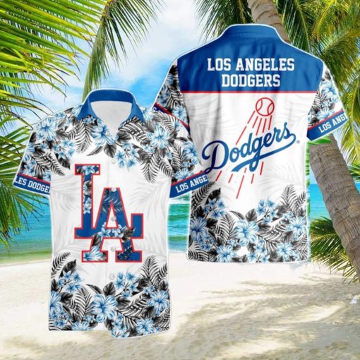 Los Angeles Dodgers Hibiscus Plumeria Flower 3D Printed Hawaiian Shirt