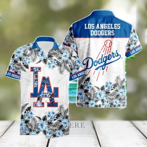 Los Angeles Dodgers Hibiscus Plumeria Flower 3D Printed Hawaiian Shirt