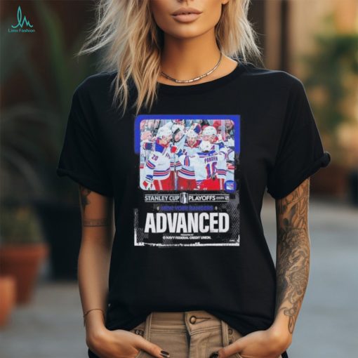 The new york rangers complete the sweep and are the first team to advance to the second round stanley cup nhl playoffs 2024 shirt