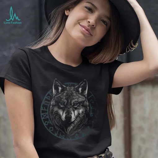 Wolf With Blue Eyes Viking Runes Animal Graphic T Shirt