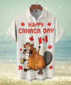 Beaver With Beer Happy Canada Day Short Sleeve Hawaiian Shirt