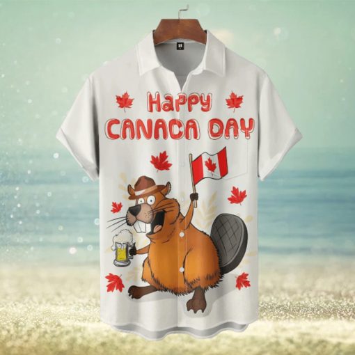 Beaver With Beer Happy Canada Day Short Sleeve Hawaiian Shirt