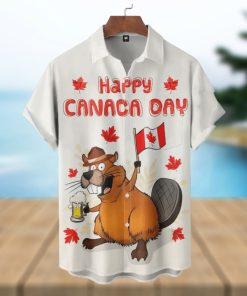 Beaver With Beer Happy Canada Day Short Sleeve Hawaiian Shirt