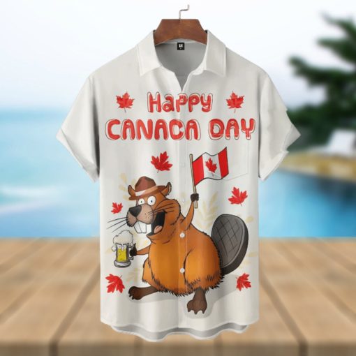 Beaver With Beer Happy Canada Day Short Sleeve Hawaiian Shirt