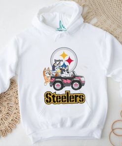 Bluey fun in the car with Pittsburgh Steelers football shirt