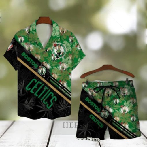 Boston Celtics Team Logo Pattern Basketball Black Hawaiian Set