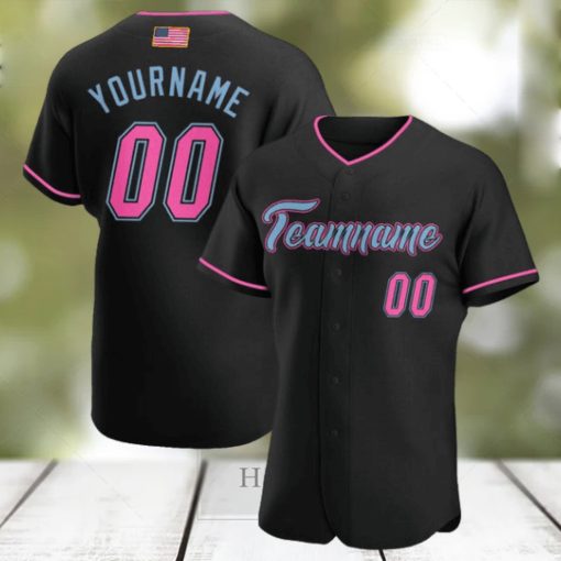 Custom Black Pink Light Blue Authentic American Flag Fashion Baseball Jersey