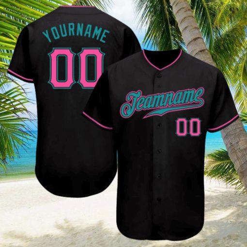 Custom Black Pink Teal Authentic Baseball Jersey