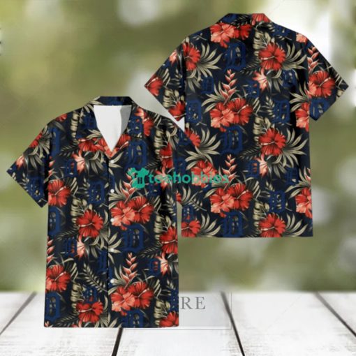 Detroit Tigers Red Hibiscus Green Leaf Dark Background 3D Hawaiian Shirt Gift For Fans