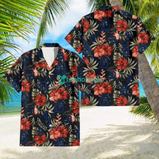 Detroit Tigers Red Hibiscus Green Leaf Dark Background 3D Hawaiian Shirt Gift For Fans