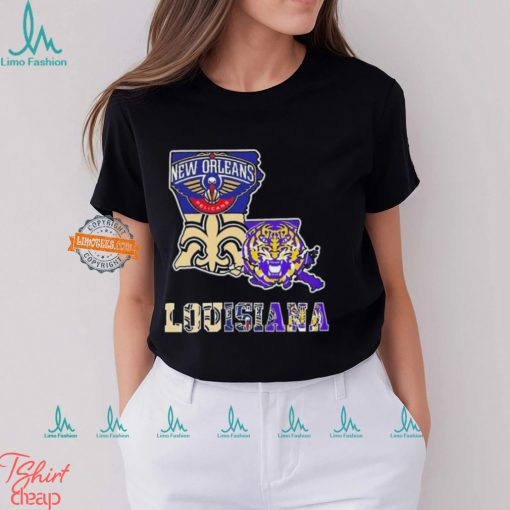 Louisiana City Of Sports New Orleans Pelicans New Orleans Saints LSU Tigers Maps Logo 2024 Unisex T Shirt