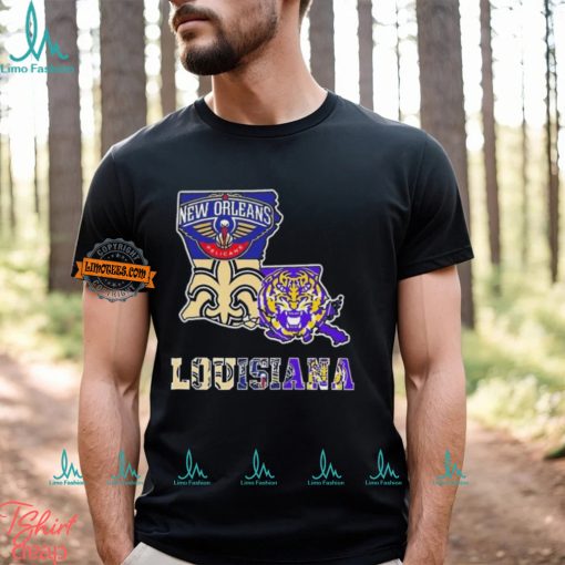 Louisiana City Of Sports New Orleans Pelicans New Orleans Saints LSU Tigers Maps Logo 2024 Unisex T Shirt