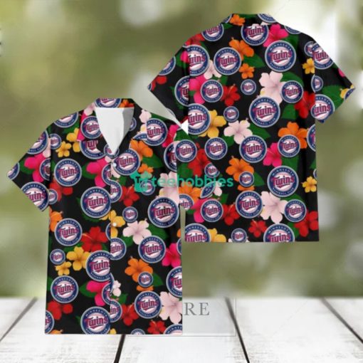 Minnesota Twins Pink Orange Yellow White Hibiscus Black Background 3D Hawaiian Shirt Gift For Fans