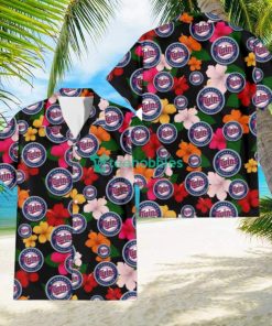 Minnesota Twins Pink Orange Yellow White Hibiscus Black Background 3D Hawaiian Shirt Gift For Fans