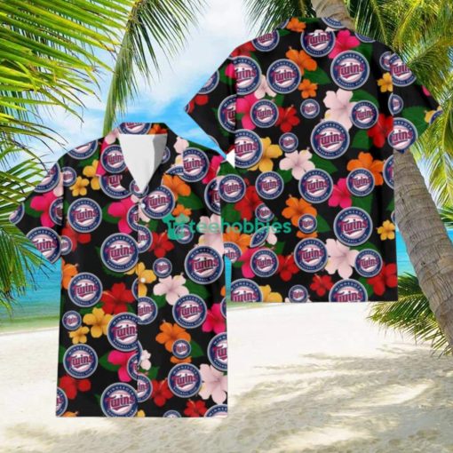 Minnesota Twins Pink Orange Yellow White Hibiscus Black Background 3D Hawaiian Shirt Gift For Fans