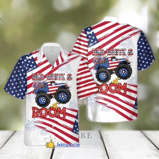 Monster Truck Red White And Boom 4th of July Short Sleeve Hawaiian Shirt