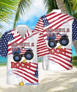 Monster Truck Red White And Boom 4th of July Short Sleeve Hawaiian Shirt