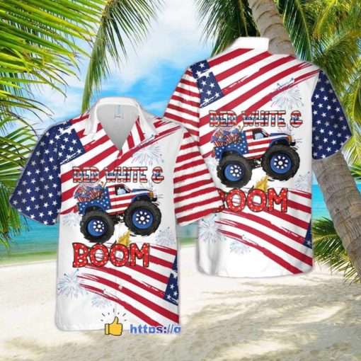 Monster Truck Red White And Boom 4th of July Short Sleeve Hawaiian Shirt