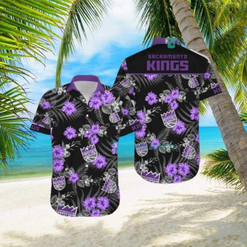 Nba Sacramento Kings Purple Black Tropical Flowers Hawaiian Shirt