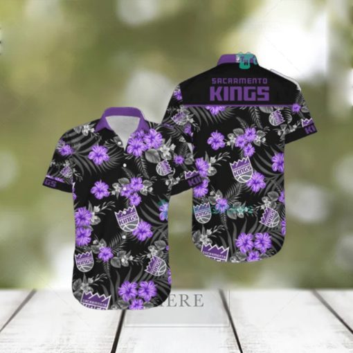 Nba Sacramento Kings Purple Black Tropical Flowers Hawaiian Shirt