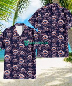 New York Mets Thistle Sketch Hibiscus Dark Slate Blue Background 3D Hawaiian Shirt Gift For Fans