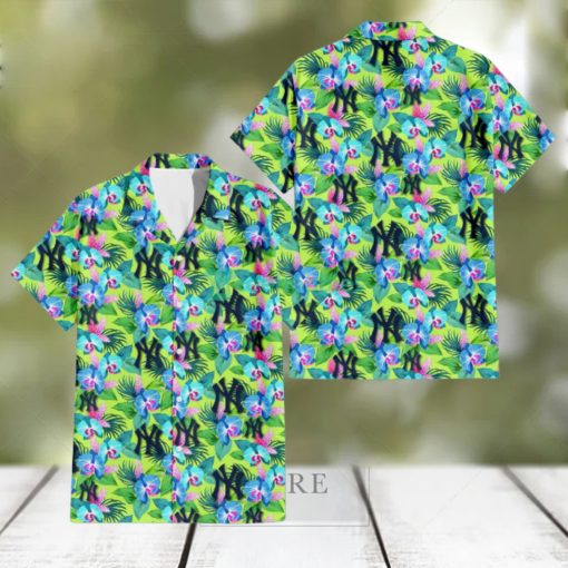 New York Yankees Blue Orchid Green Pink Leaf Green Background 3D Hawaiian Shirt Gift For Fans