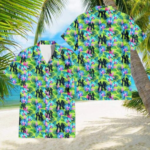 New York Yankees Blue Orchid Green Pink Leaf Green Background 3D Hawaiian Shirt Gift For Fans