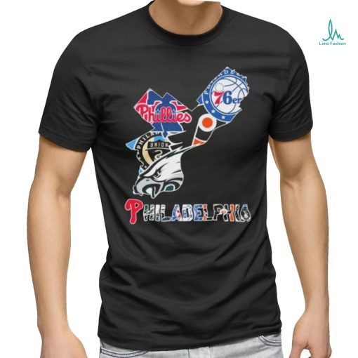 Philadelphia Sports Teams Philadelphia 76ers Philadelphia Phillies Philadelphia Flyers Philadelphia Union and Philadelphia Eagles map shirt