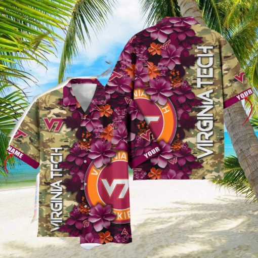 Virginia Tech Hokies Custom Name Personalized Camo Flower Pattern Hawaiian Shirt