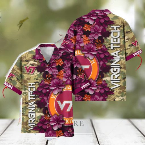 Virginia Tech Hokies Custom Name Personalized Camo Flower Pattern Hawaiian Shirt