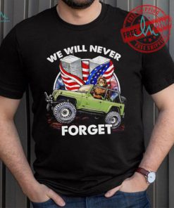 Bigfoot riding Jeep we will never forget American flag shirt