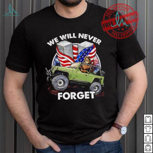 Bigfoot riding Jeep we will never forget American flag shirt