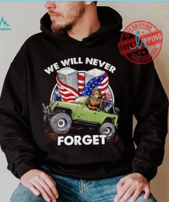 Bigfoot riding Jeep we will never forget American flag shirt