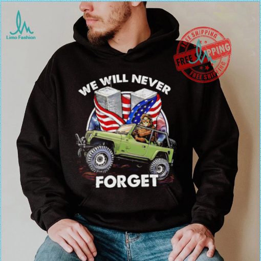 Bigfoot riding Jeep we will never forget American flag shirt