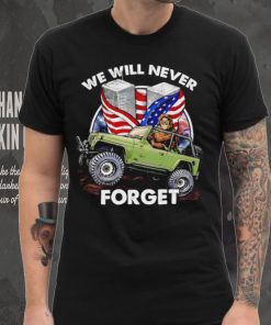 Bigfoot riding Jeep we will never forget American flag shirt