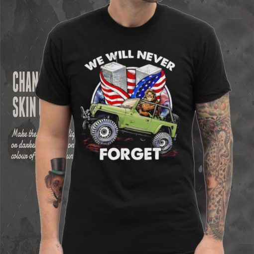 Bigfoot riding Jeep we will never forget American flag shirt